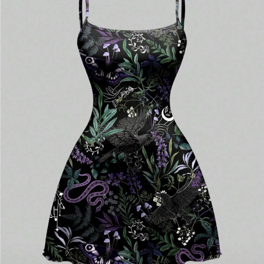 ROMWE Black Whimsygoth Witchy Slip Dress with Purple & Green Botanical Print.